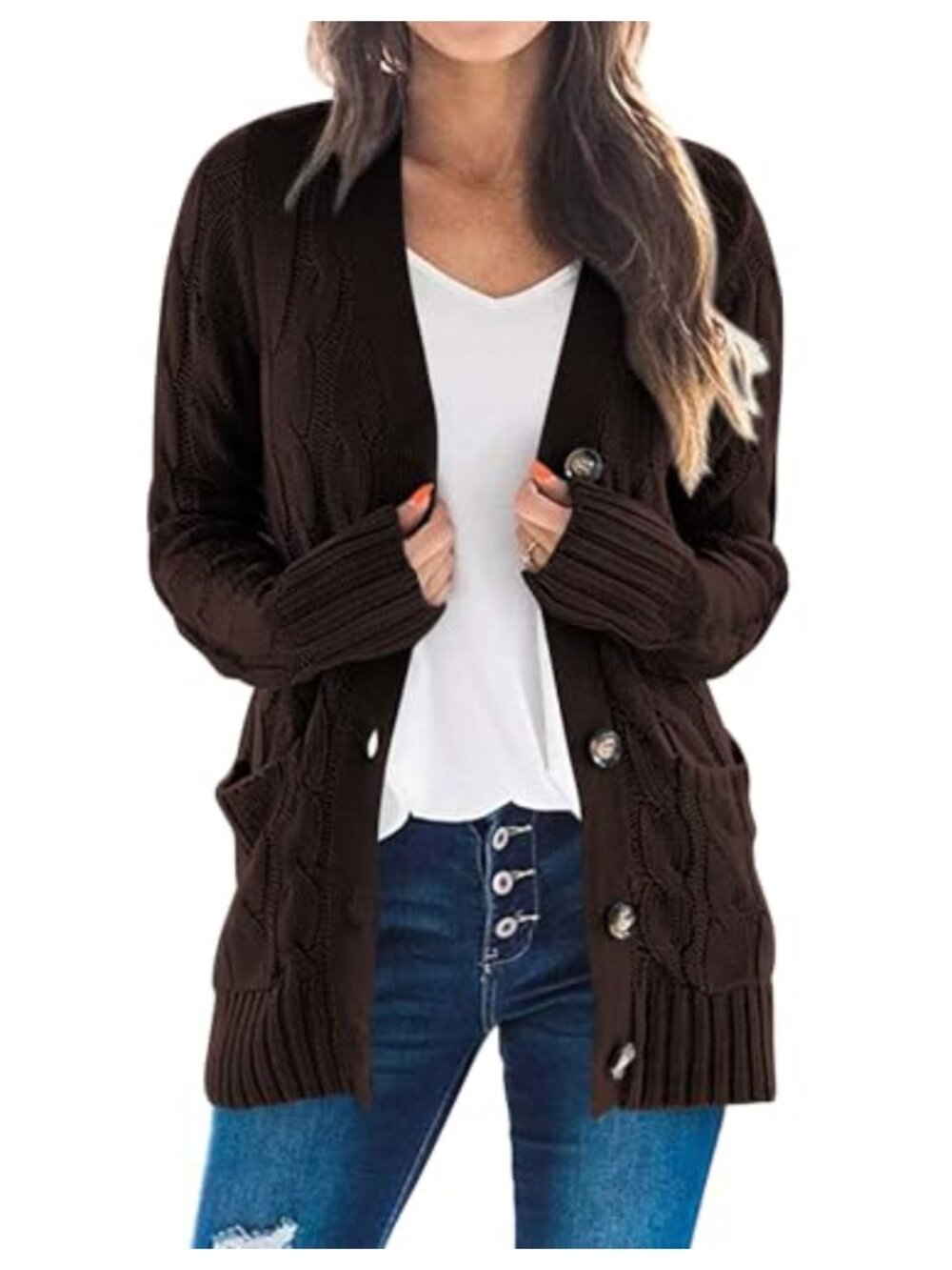 Cable Knit Button Down Cardigan Sweater Long Sleeve V-Neck Chunky Knit